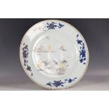 A Chinese 18th Century en grisaille decorated plate, painted with geese, with cobalt blue floral