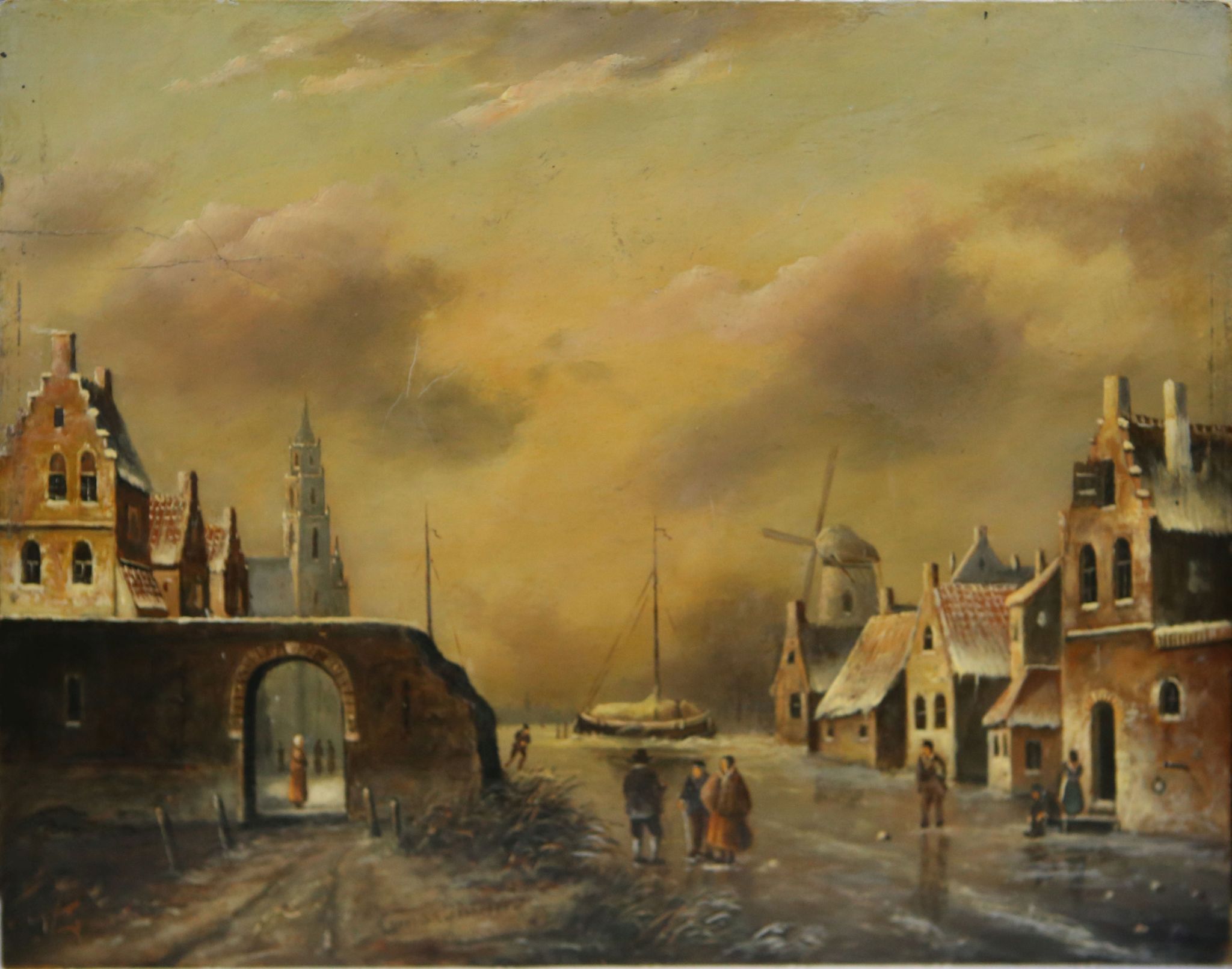 Dutch School, oil on panel, winter townscape, indistinctly signed, 23.6 x 31cm, unframed.