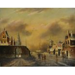 Dutch School, oil on panel, winter townscape, indistinctly signed, 23.6 x 31cm, unframed.