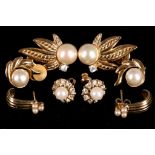 A selection of yellow metal, pearl set earrings. (Qty)