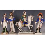 Four Royal Crown Naples porcelain figures, to include a mounted cavalier officer, wearing a green