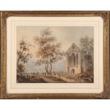 A late 18th Century English School, watercolour study of a worker constructing a church, mounted
