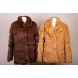 Two vintage ladies fur jackets, one golden yellow, one soft brown, probably rabbit, with collars,