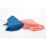 Two vintage Spanish style embroidered silk and fringed shawls, soft pink and blue. (2)