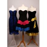 Three vintage 1980s cocktail dresses, including blue and black lace David Fielding, a strapless