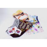 Six vintage silk scarves, including Hermés and a printed crepe square. Hermés, printed feathers in