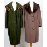 Two 1940s ladies' wool full coats, including a green wool with shawl collar trimmed with mink, large