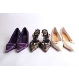Three pairs of designer ladies shoes, including cream leather courts by Ferragamo, purple suede