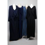 Five 1920s-1930s tea dresses, three blue, two black, one of which was used by the National Opera (