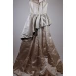 A 1970s André Laug runway model ivory duchesse satin ball gown or wedding dress, with asymmetric