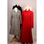 Three vintage coats, with a cream trouser suit. (4)