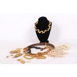 A collection of vintage costume jewellery, including a pendant and brooch by Rochas, faux pearls,