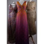 Three 1970s André Laug runway model full length chiffon and lace cocktail dresses (beige AF, print