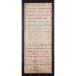 A 1778 sampler, fifteen line poem, framed, 23 x 51cm, (faded in areas).