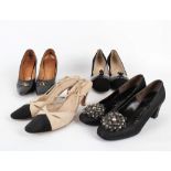 Four pairs vintage ladies shoes, including black satin court Herbert Levine, suede court