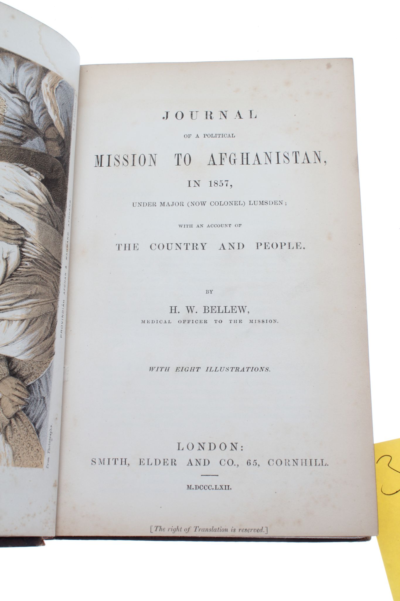 BELLEW, H. W.  Journal of a Political Mission to Afghanistan, in 1857. London: Smith, Elder, 1862. - Image 4 of 5