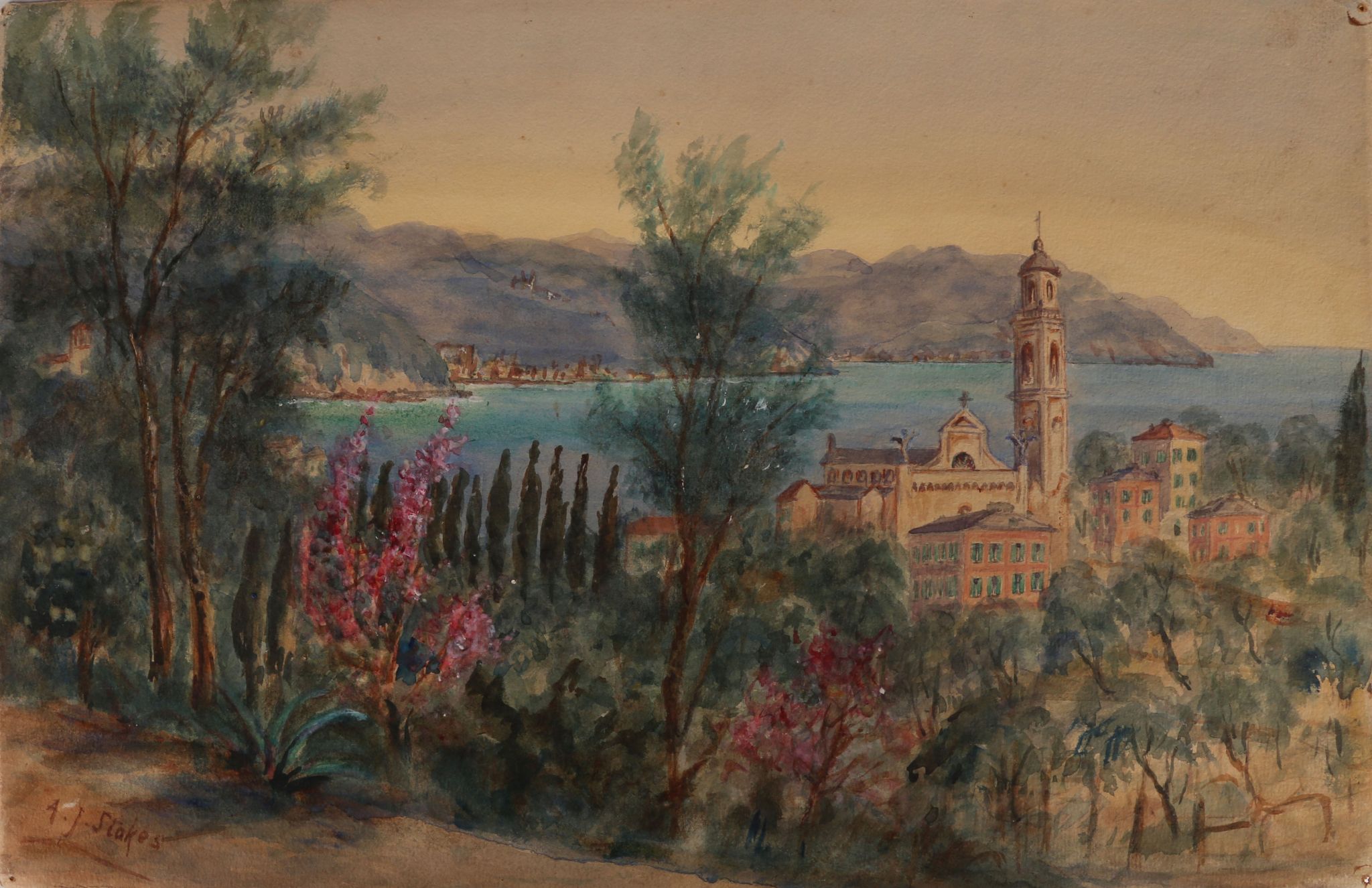 A selection of early 20th Century watercolour studies of the Italian Coast, including views of the - Image 5 of 9