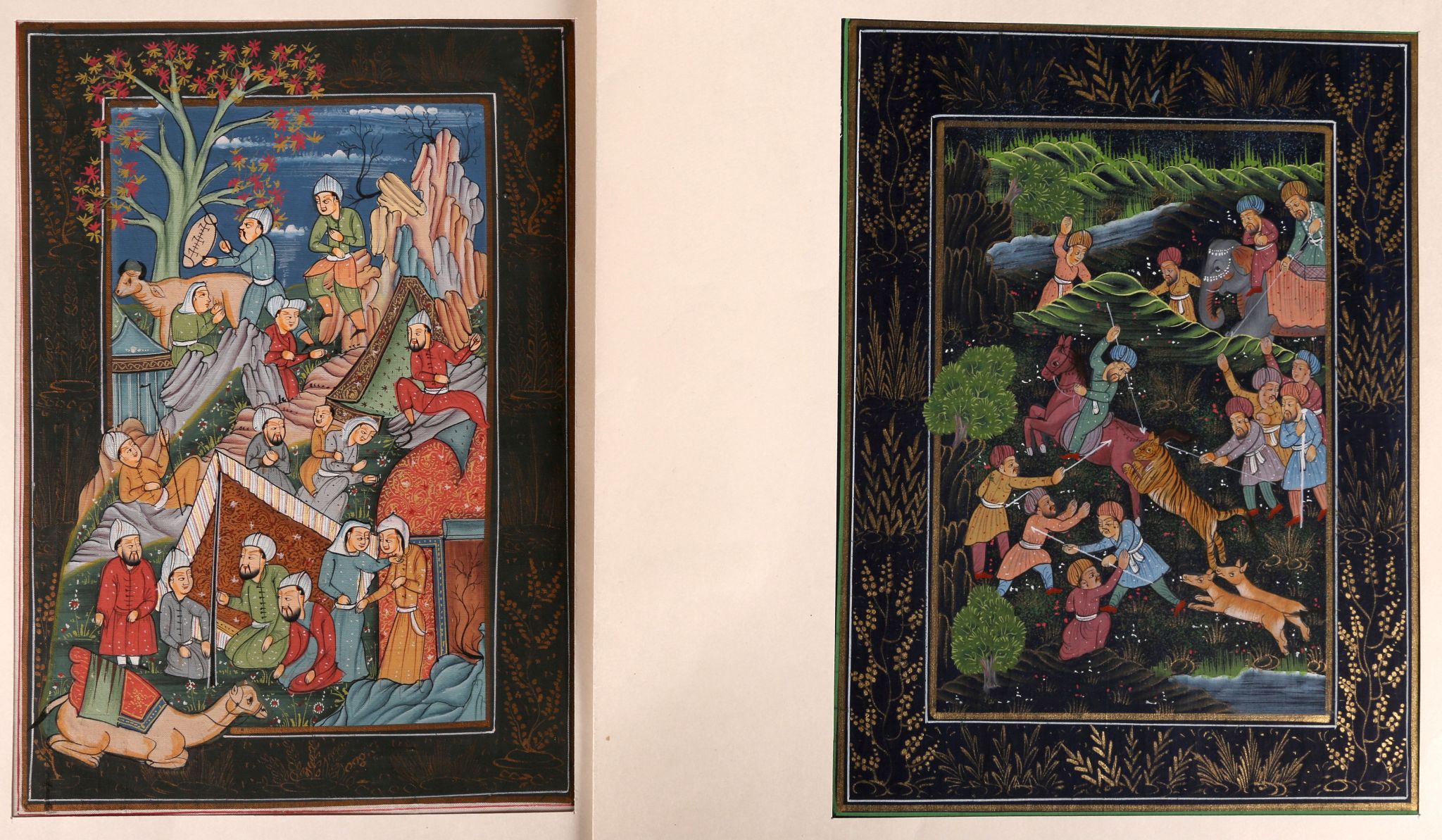 Six assorted Persian and Mughal miniatures, depicting hunting and domestic scenes, all with