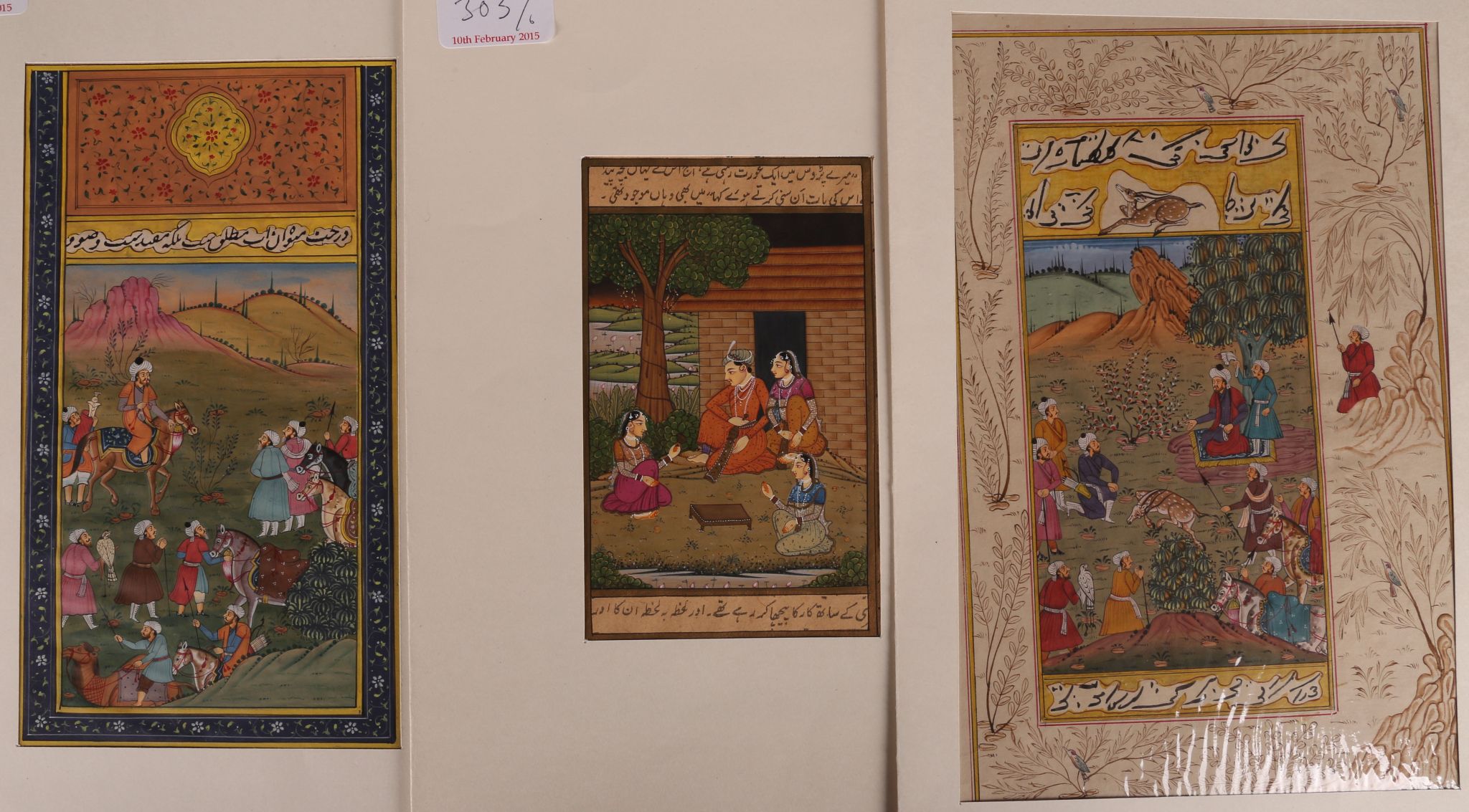Six assorted Persian and Mughal miniatures, depicting hunting and domestic scenes, all with - Image 2 of 2