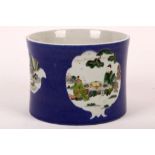 A large Chinese famille verte powder-blue ground brush pot. Late Qing, 19th Century. With four