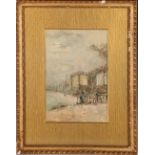 F. E. Chandon, a 19th Century watercolour, early evening riverside town scape, framed.