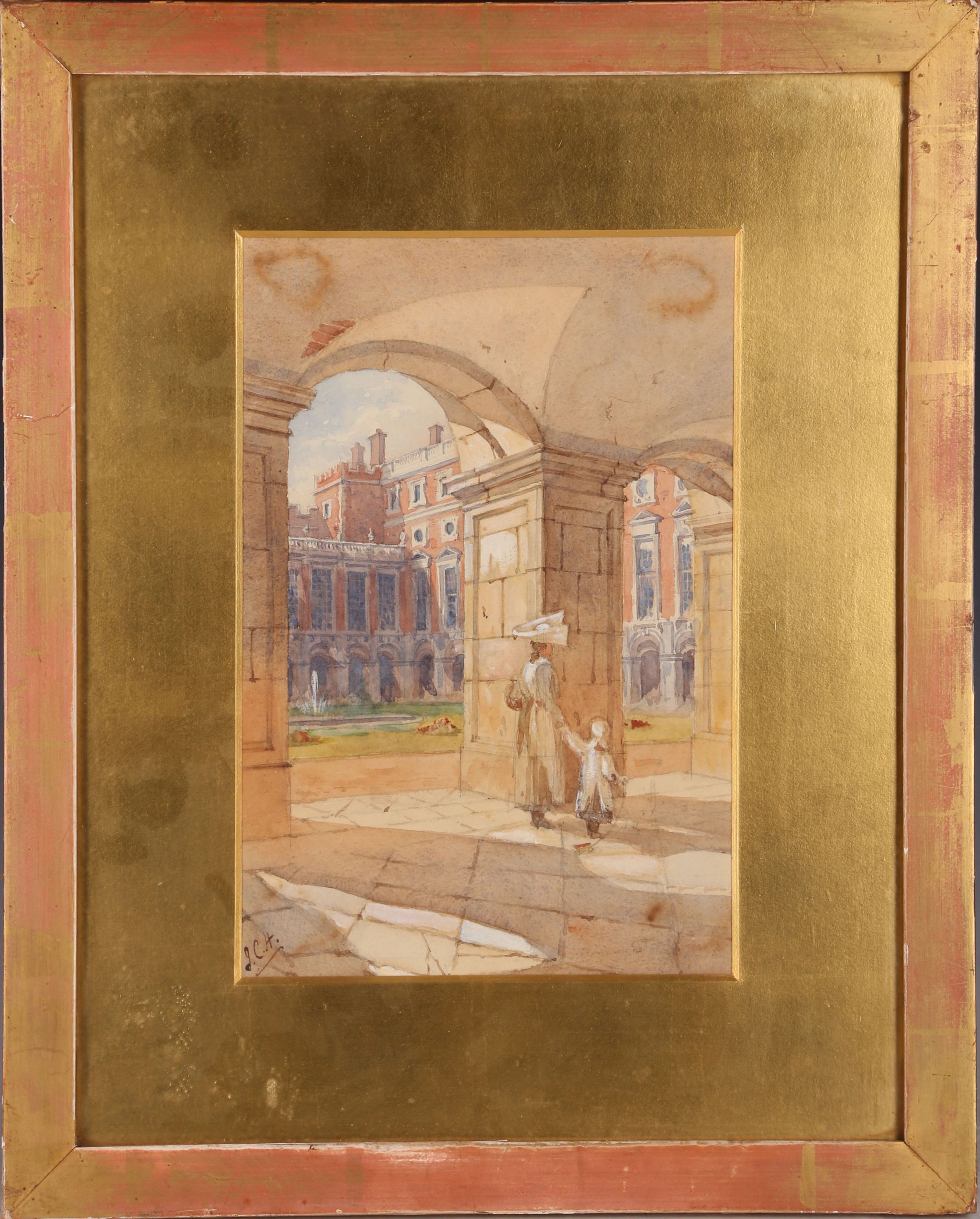 20th Century British, watercolour and body colour study of a nurse walking with a young girl who