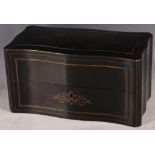 A 19th Century ebony and lacquered brass mounted travelling box and cover, opening to reveal red