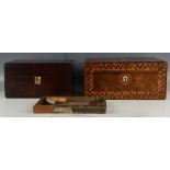 A late 19th Century Victorian burr walnut sewing box, having inlaid border, together with smaller