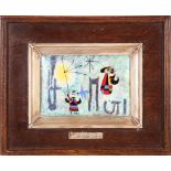 After Joan Miro, late 20th century, an enamelled tin plate plaque, in a dark wood frame.