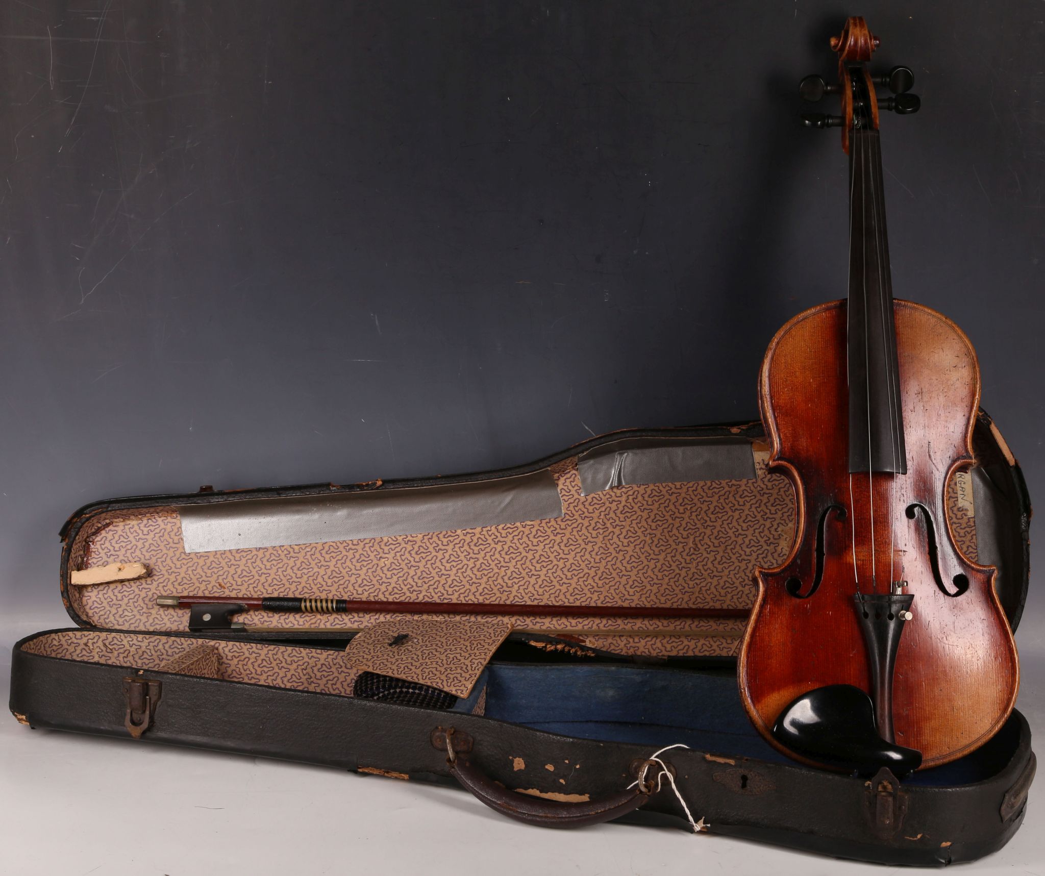 Gebruder Wolff violin, mahogany, two-piece 12¾" back, Creuznach label, case and bow.