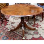 A Victorian mahogany circular breakfast table, supported on four-way divided base, terminating