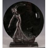 An Art Deco style dressing table mirror, bronzed spelter maiden support, bears signatures to base,