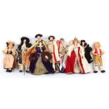 Six 1960s - 1970s Liberty of London, Kings and Queen of England, with three more dolls, probably