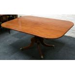 A mahogany rectangular tilt top breakfast table, raised on a turned and carved pedestal on four