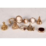 A good mixed collection of various 9ct gold items, to include three cameo rings, three seals, one