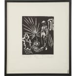 •John Keane (British, born 1954), 'Then and Now', 1995, lino cut of the Southern Mexico uprising,