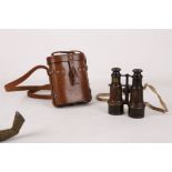 WW1 field binoculars, MKV special 64558, claret leather grip and leather case embossed C&R, Brinsley