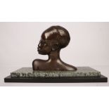 A mid 20th century 'Hagenauer' style African female bronze bust, on marble base, (27 x 46 x 18cm).