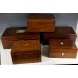 Five various Victorian boxes that open to reveal a writing slope (and contents) in rosewood mahogany