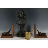 A Peiffer Art Nouveau bust, study of a young girl, 32cm approx., brass mortar and pestle, 10cm