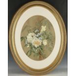 An oval floral print in decorative gilt frame. Sold together with three framed botanical prints