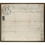 A George III framed land deed, size 70 x 80cm, Hogarth framed.