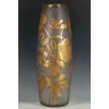 A large French acid etched and cut glass 'Swelling' cylindrical vase, with two colour gilt