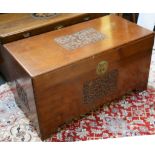 A Chinese camphor chest with carved panel details, 51 x 103 x 55cm. Sold together with further