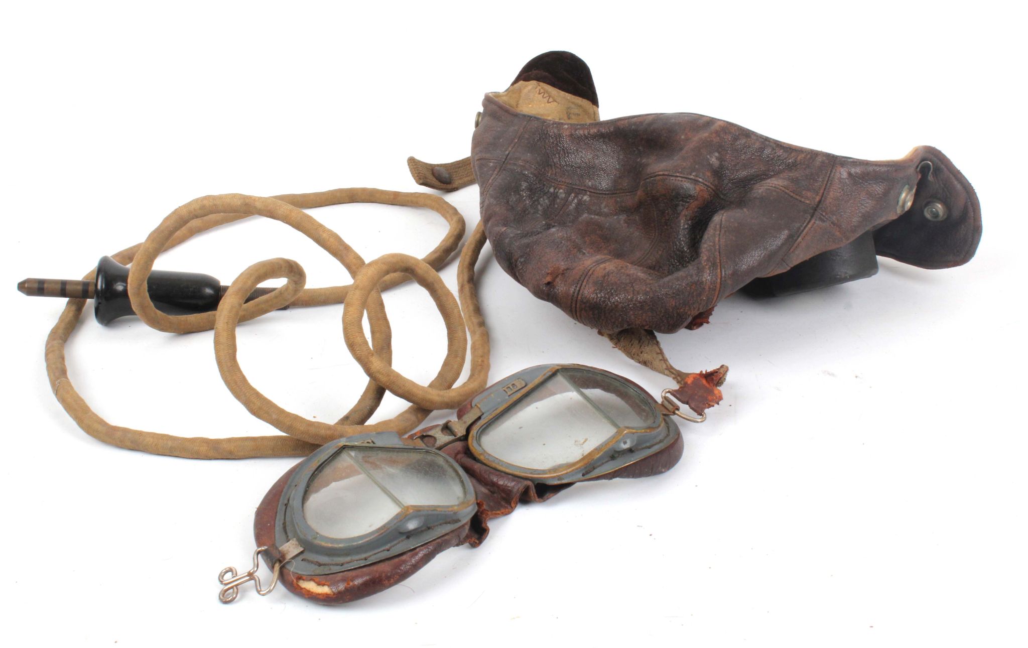 RAF WW2 flying helmet and goggles, type 'C' No3 leather with jack plug and MKVIII goggles.
