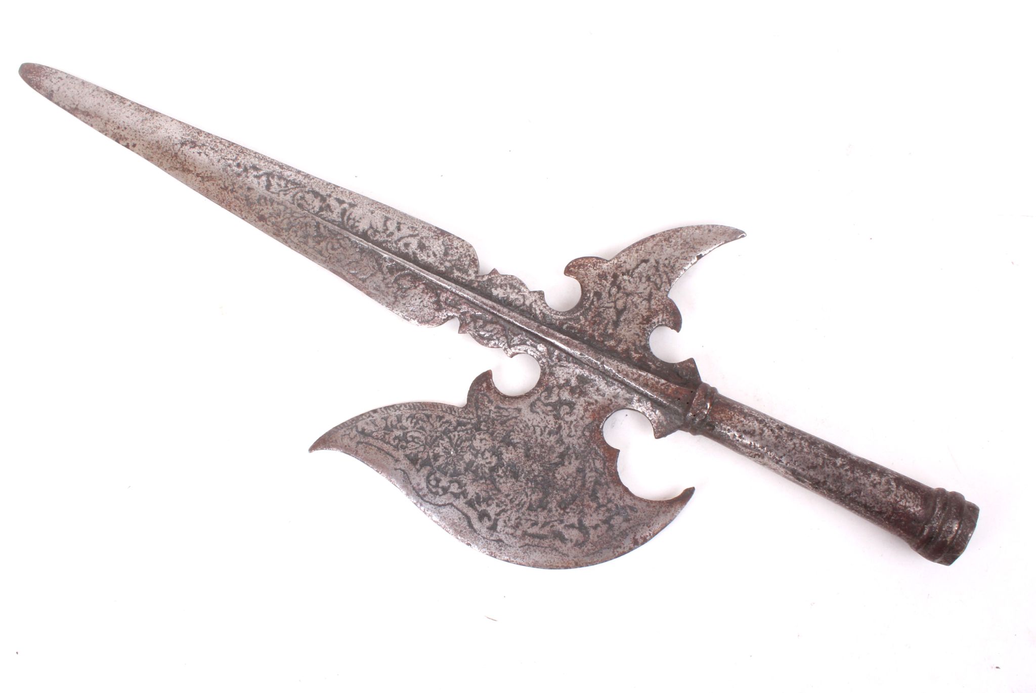 A Continental 19th Century halberd / pollaxe with partizan spike, possibly Italian, all over