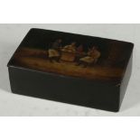 A Russian papiermaché box, the top painted with scenes of 'taking tea'.