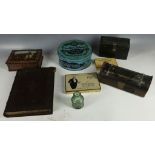 Five various old boxes, comprising a tole ware 'book', toffee tin, cigarettes and cake tins and a