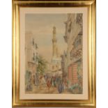 Ambrose Foster colour print of a Middle Eastern market scene with mosque in background, 64 x 45cm.