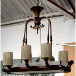 A secessionist early 20th Century copper and frosted glass 6 light chandelier, (82 x 45 x 84cm).